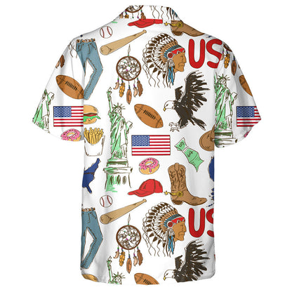 Fun Colorful Sketch America Symbolism On White Background Hawaiian Shirt, Hawaiian Shirt Gift, Christmas Gift