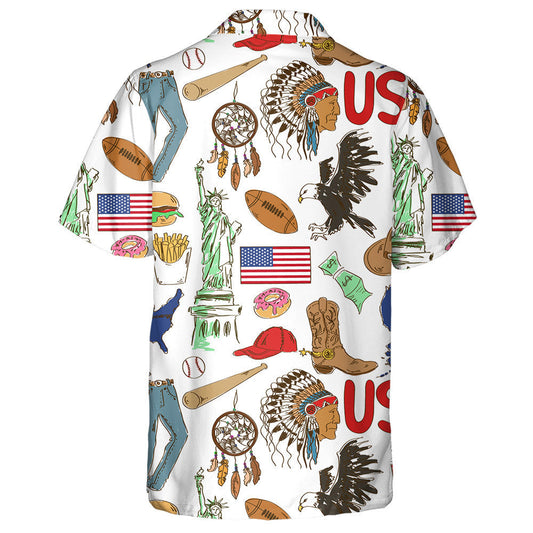 Fun Colorful Sketch America Symbolism On White Background Hawaiian Shirt, Hawaiian Shirt Gift, Christmas Gift