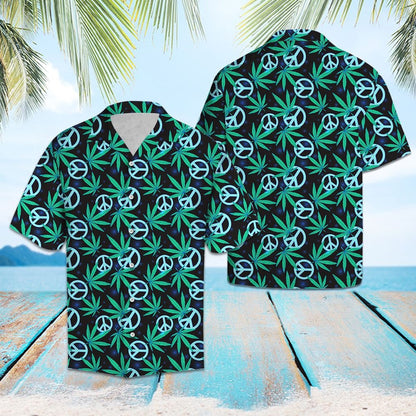 Watercolor Hippie Leaves Peace Sign Pattern Hawaiian Shirt, Hawaiian Shirt Gift, Christmas Gift