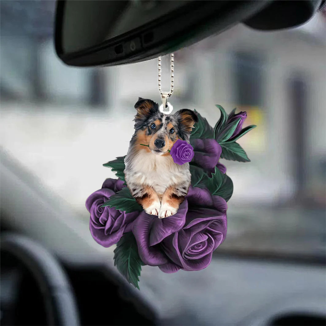 Shetland Sheepdog In Purple Rose Car Hanging Ornament, Christmas Decoration