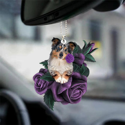 Shetland Sheepdog In Purple Rose Car Hanging Ornament, Christmas Decoration