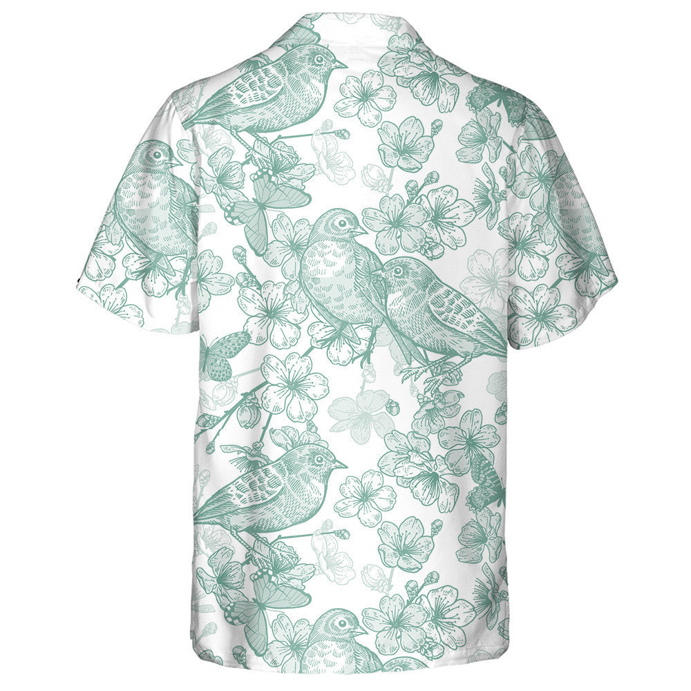 Japanese Cherry Bird And Butterflies Green And White Hawaiian Shirt, Hawaiian Shirt Gift, Christmas Gift