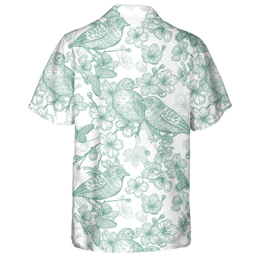 Japanese Cherry Bird And Butterflies Green And White Hawaiian Shirt, Hawaiian Shirt Gift, Christmas Gift