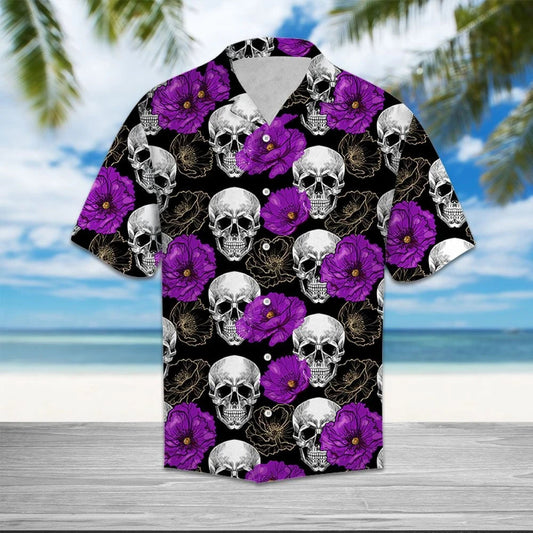 Day Of The Dead Skull Purple Flower Pattern Hawaiian Shirt, Hawaiian Shirt Gift, Christmas Gift
