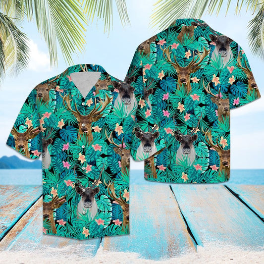 Awesome Reindeer Tropical Leaves And Hibiscus Pattern Hawaiian Shirt, Hawaiian Shirt Gift, Christmas Gift