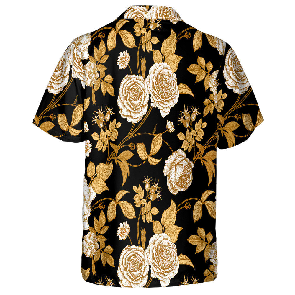 Gold Roses Flowers And Leaves Branches On Black Design Hawaiian Shirt, Hawaiian Shirt Gift, Christmas Gift