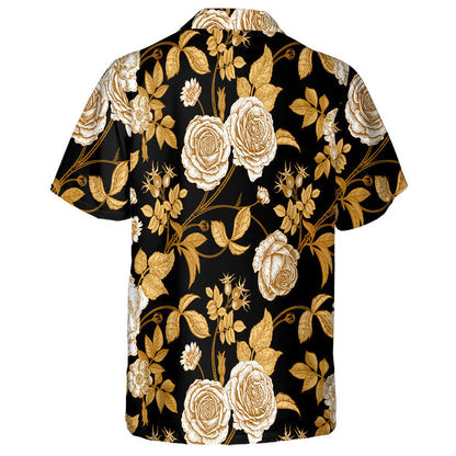 Gold Roses Flowers And Leaves Branches On Black Design Hawaiian Shirt, Hawaiian Shirt Gift, Christmas Gift