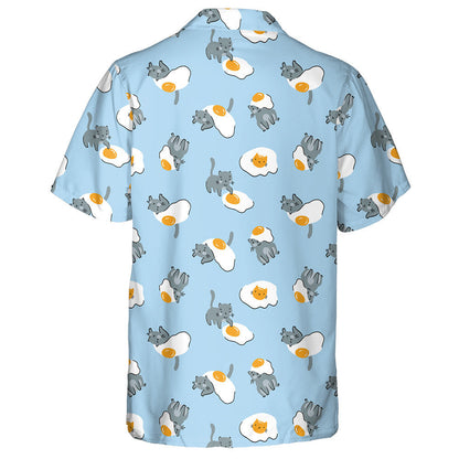 Cute Cat And Fried Eggs On Blue Background Hawaiian Shirt, Hawaiian Shirt Gift, Christmas Gift