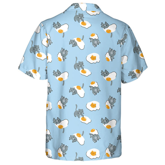 Cute Cat And Fried Eggs On Blue Background Hawaiian Shirt, Hawaiian Shirt Gift, Christmas Gift