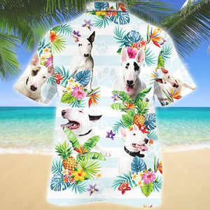 Cute Bull Terrier Dog Tropical Flower Pattern Hawaiian Shirt, Hawaiian Shirt Gift, Christmas Gift