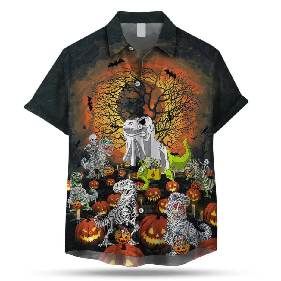 Happy Halloween Dinosaur In Pumpkin Patch Hawaiian Shirt, Hawaiian For Gift