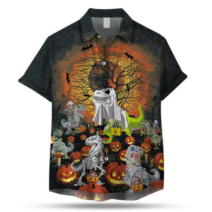 Happy Halloween Dinosaur In Pumpkin Patch Hawaiian Shirt, Hawaiian For Gift