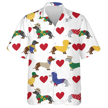 Theme Dachshund And Red Hearts On White Hawaiian Shirt, Hawaiian Shirt Gift, Christmas Gift
