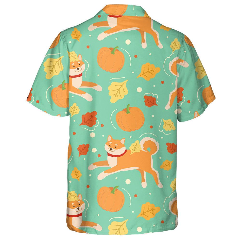 Cartoon Shiba Inu Dog And Pumpkins Isolated Background Hawaiian Shirt, Hawaiian Shirt Gift, Christmas Gift