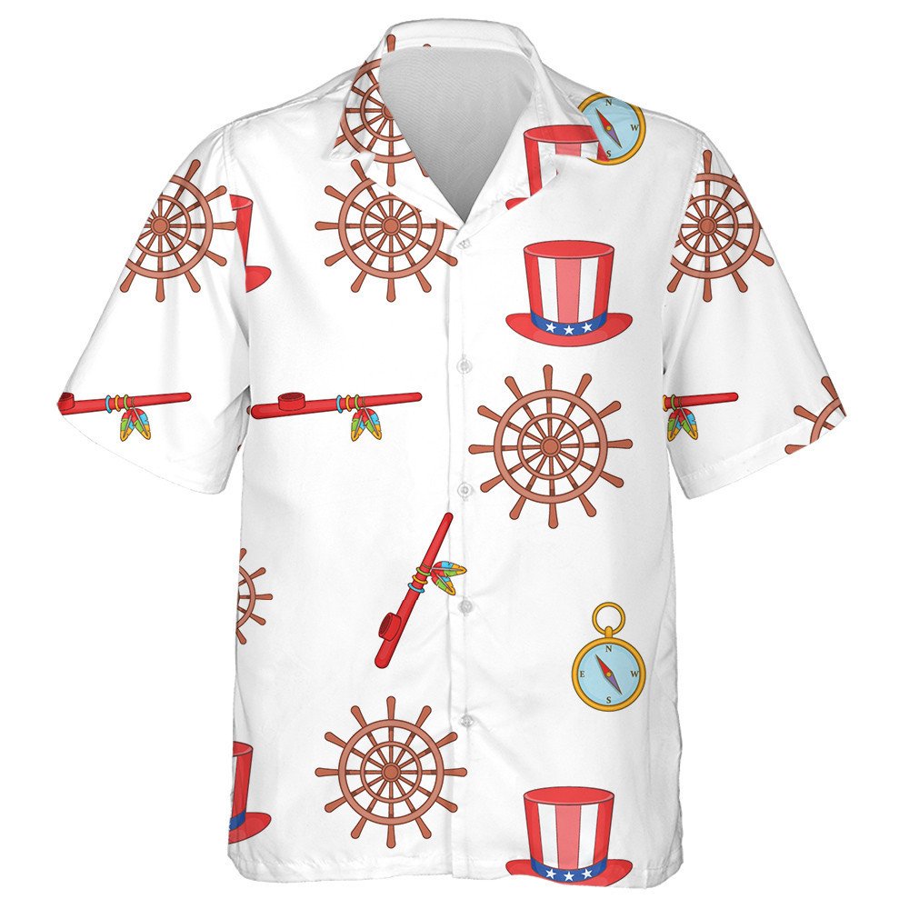 Cartoon Illustration Of Columbus Day With Compass And Hat Hawaiian Shirt, Hawaiian Shirt Gift, Christmas Gift