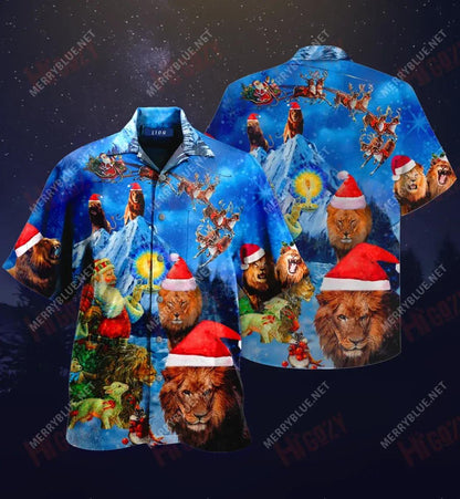 Lion On Christmas Short Hawaiian Shirt Summer Hawaiian T Shirts Tactical Hawaiian Shirt Crazy Shirts Hawaii, Hawaiian Shirt Gift, Christmas Gift