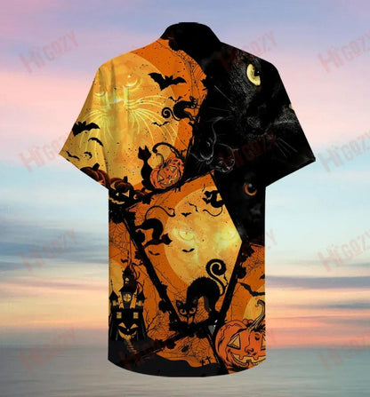 Black Cat Halloween Short Sleeve Shirt Summer Hawaiian T Shirts Vintage Hawaiian Shirts Hawaiian Shirts For Men, Hawaiian Shirt Gift, Christmas Gift