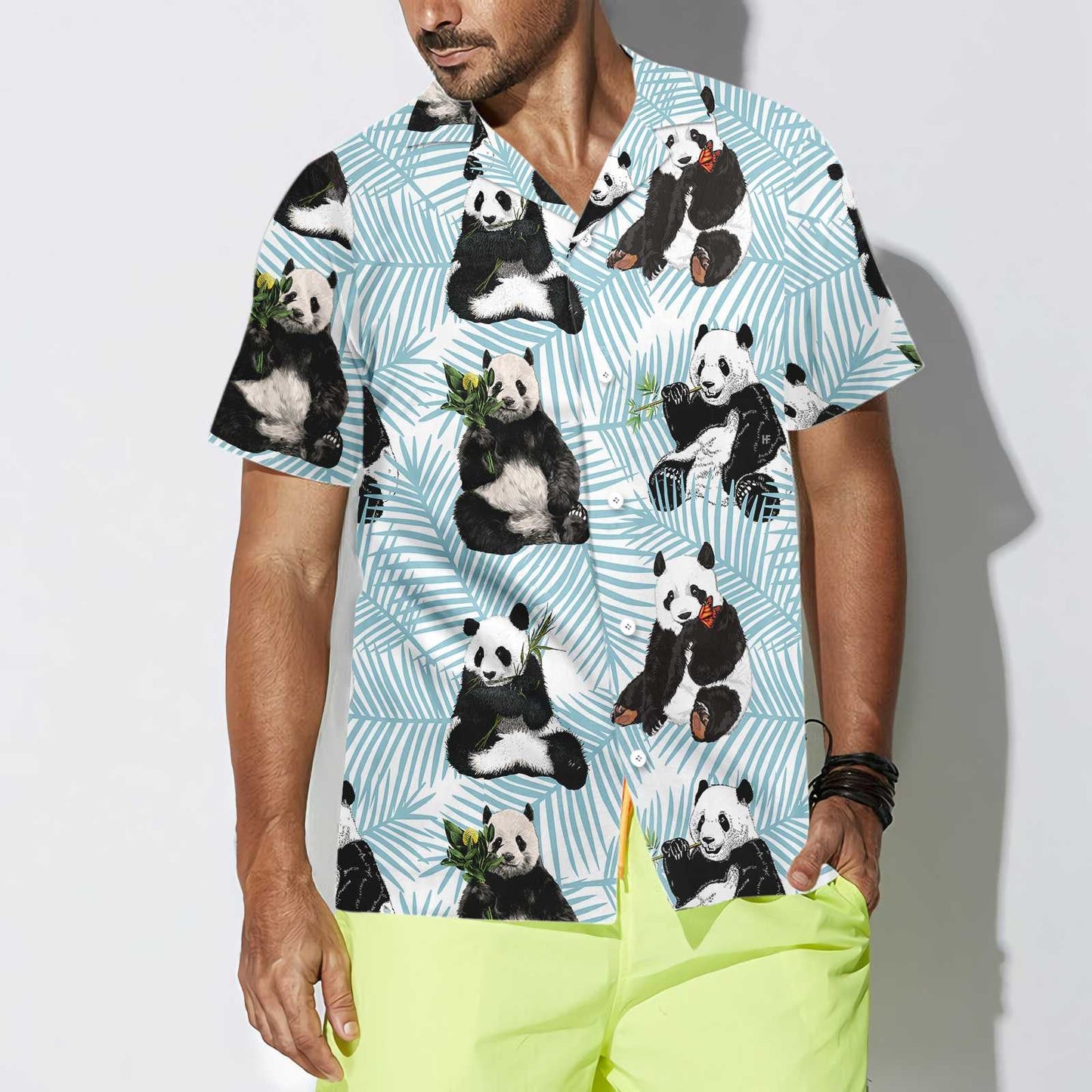 Light Sky Blue Design Hawaiian Shirt Panda On Palm Leaves, Hawaiian Shirt Gift, Christmas Gift