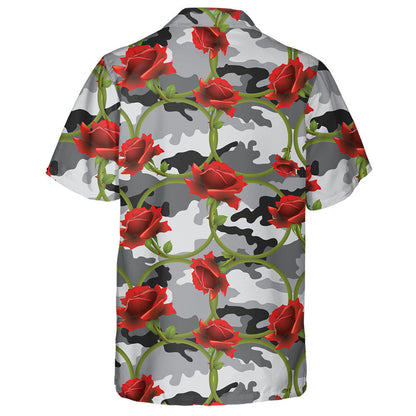 Enticing Red Rose Circle On Gray Camo Pattern Hawaiian Shirt, Hawaiian Shirt Gift, Christmas Gift