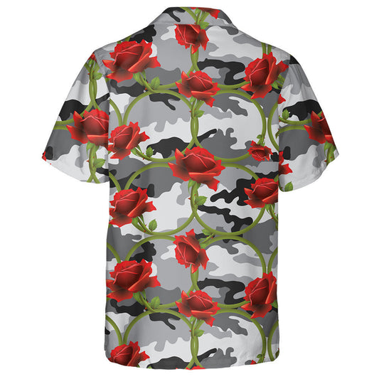 Enticing Red Rose Circle On Gray Camo Pattern Hawaiian Shirt, Hawaiian Shirt Gift, Christmas Gift