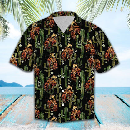 Vintage Style Cowboy Cactus On Black Background Pattern Hawaiian Shirt, Hawaiian Shirt Gift, Christmas Gift