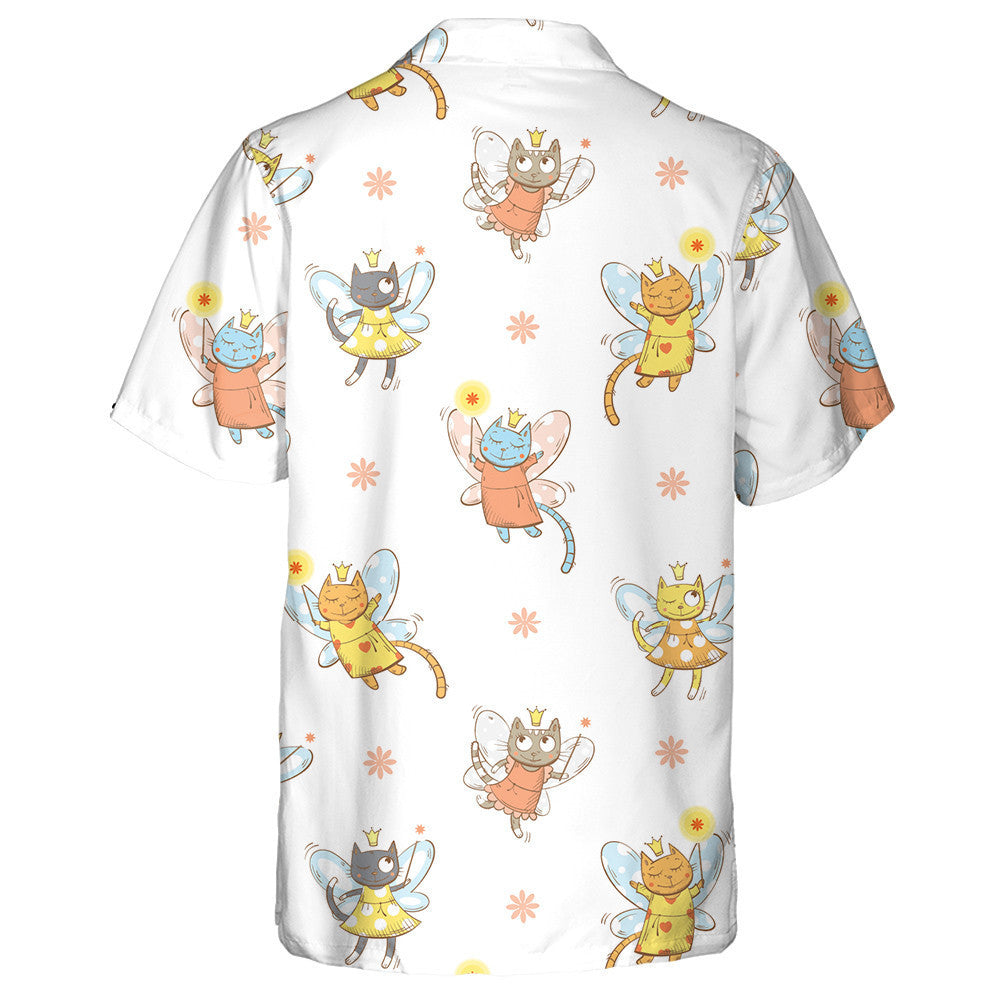 Cartoon Fairies Cats And Flowers On White Hawaiian Shirt, Hawaiian Shirt Gift, Christmas Gift