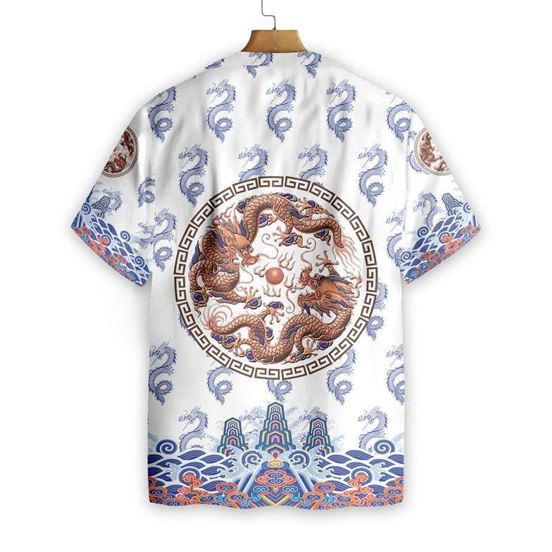 Chinoiserie Dragon White Background Pattern Hawaiian Shirt, Hawaiian For Gift