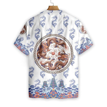 Chinoiserie Dragon White Background Pattern Hawaiian Shirt, Hawaiian For Gift