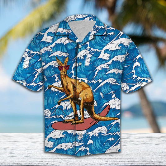 Red Glasses Kangaroo Surfing On Ocean Waves Pattern Hawaiian Shirt, Hawaiian Shirt Gift, Christmas Gift