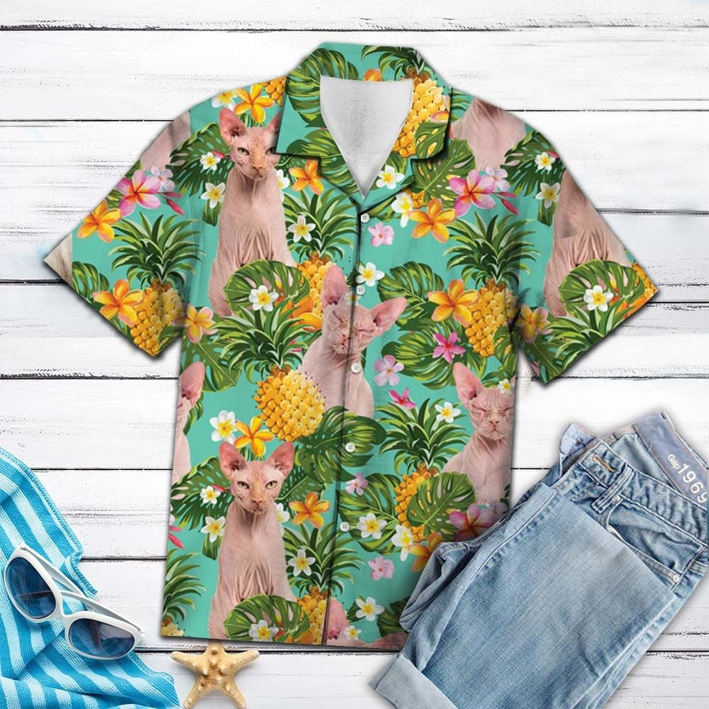 Tropical Pineapple Sphynx Mix Turquoise Theme Vintage Style Hawaiian Shirt, Hawaiian Shirt Gift, Christmas Gift