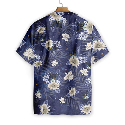 Black Cat With White Flower Pattern Blue Design Hawaiian Shirt, Hawaiian Shirt Gift, Christmas Gift