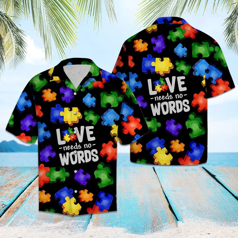 Hawaiian Shirt Colorful Autism Puzzle In Black Love Needs No Words, Hawaiian Shirt Gift, Christmas Gift