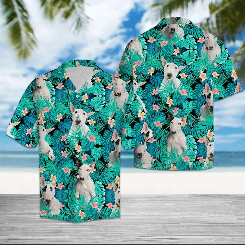 Bull Terrier Behind Flower Pattern Hawaiian Shirt, Hawaiian For Gift