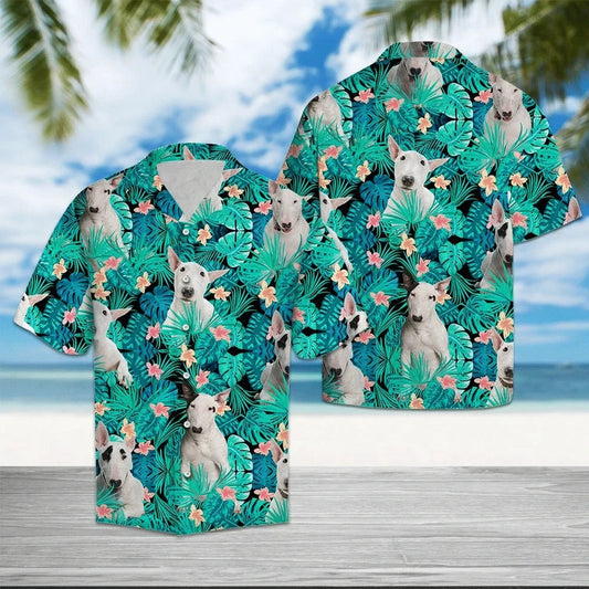 Bull Terrier Behind Flower Pattern Hawaiian Shirt, Hawaiian For Gift