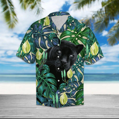 Black Panther Among Monstera Leaves Hawaiian Shirt, Hawaiian For Gift