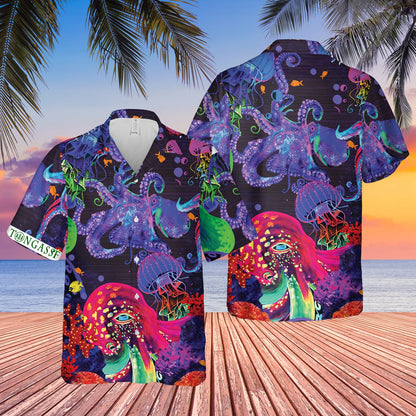 Neon Octopus Hawaiian Shirt, Hawaiian Shirt Gift, Christmas Gift