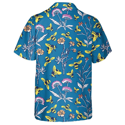 Honey Bee And Spring Meadow On Blue Background Hawaiian Shirt, Hawaiian Shirt Gift, Christmas Gift