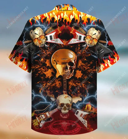 Skull Rock N Roll Hawaiian Shirt Summer Short Sleeve Tactical Hawaiian Shirt Funny Hawaiian Shirts, Hawaiian Shirt Gift, Christmas Gift