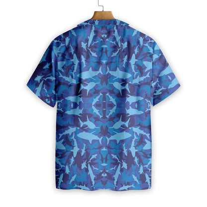 Military With Shark Blue Camo Pattern Design Hawaiian Shirt, Hawaiian Shirt Gift, Christmas Gift