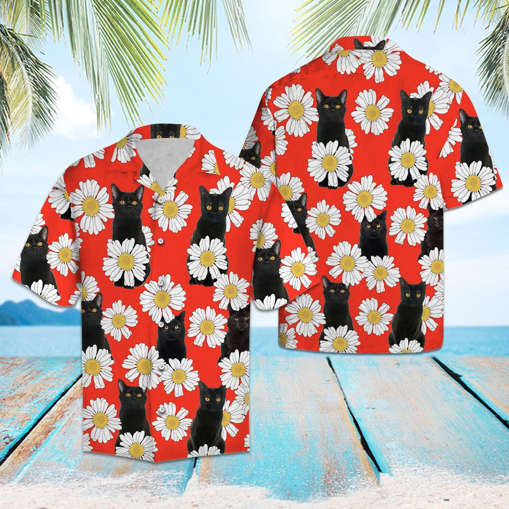 Funny Black Cat Daisy Summer Vacation Red Pattern Hawaiian Shirt, Hawaiian Shirt Gift, Christmas Gift