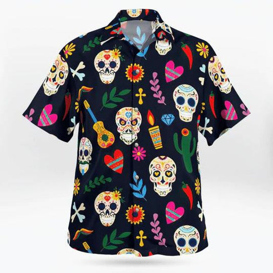Lovely Sugar Skull Guitar And Leaves Art Pattern Hawaiian Shirt, Hawaiian Shirt Gift, Christmas Gift