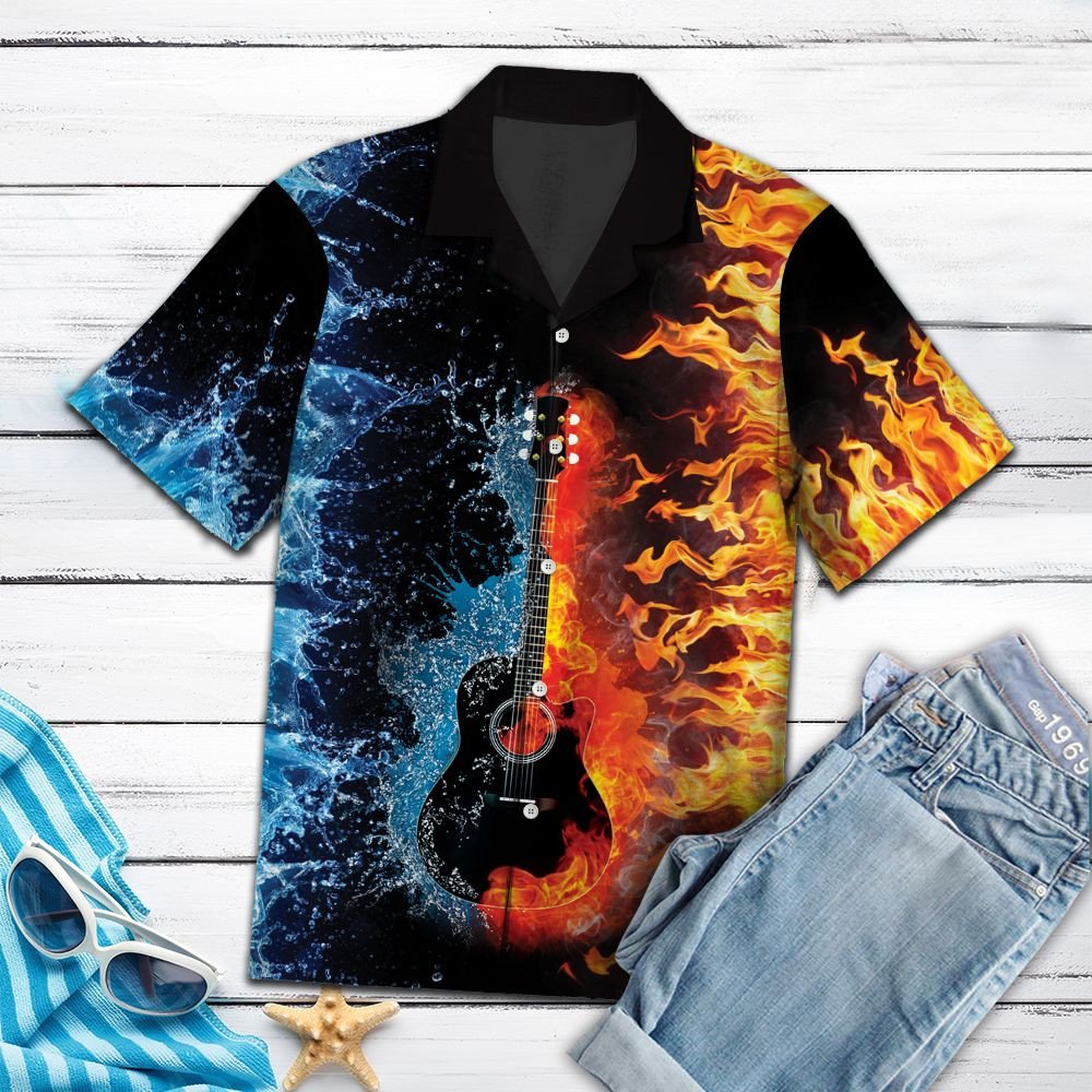 Flame And Ice Guitar Design Hawaiian Shirt,Hawaiian Shirt Gift, Christmas Gift