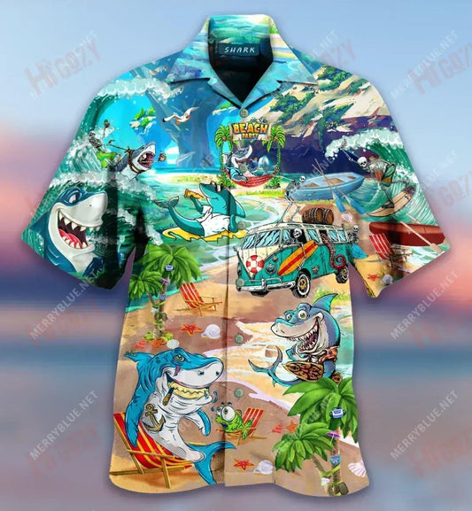Sharks And Skeletons On Beach Party Short Hawaiian Shirt Summer Hawaiian T Shirts Hawaiian Crazy Shirts Crazy Shirts Hawaii, Hawaiian Shirt Gift, Christmas Gift