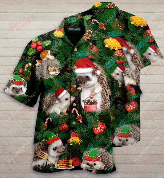 Merry Christmas Mr. Hedgehog Short Short Sleeve Shirt Summer Hawaiian T Shirts Vintage Hawaiian Shirts Hawaiian Shirts For Men, Hawaiian Shirt Gift, Christmas Gift