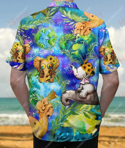 Happy Elephants In A Wonderful World Short Sleeve Shirt Summer Hawaiian T Shirts Custom Hawaiian Shirts Hawaiian Shirts For Women, Hawaiian Shirt Gift, Christmas Gift