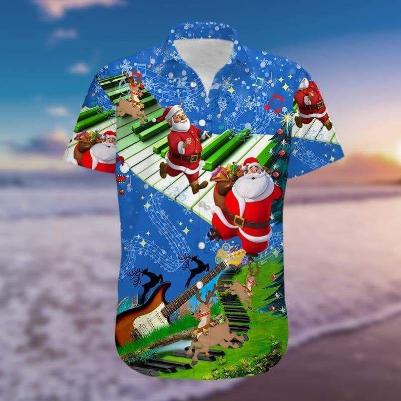 Santa Claus Jumping On Piano Keyboard Christmas Vintage Style Design Hawaiian Shirt, Hawaiian Shirt Gift, Christmas Gift