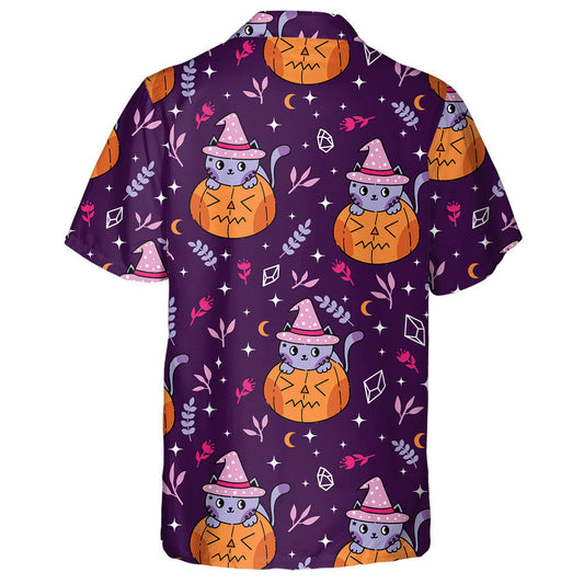 Magic Purple Cat Witch Leaves And Pumpkin Hawaiian Shirt , Hawaiian Shirt Gift, Christmas Gift