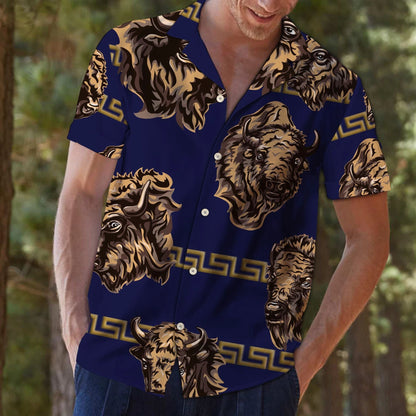 Awesome Western Bison Head On Navy Themed Pattern Hawaiian Shirt, Hawaiian Shirt Gift, Christmas Gift