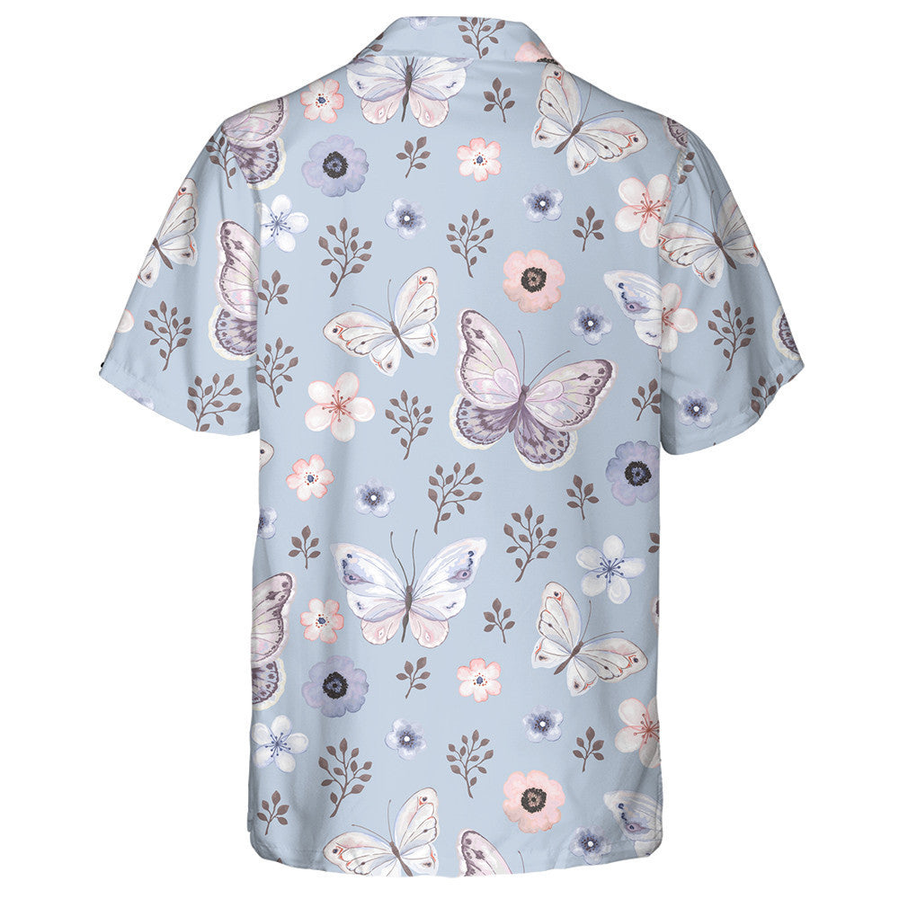 Flying Butterflies And Flowers In Blue Hawaiian Shirt,Hawaiian Shirt Gift, Christmas Gift