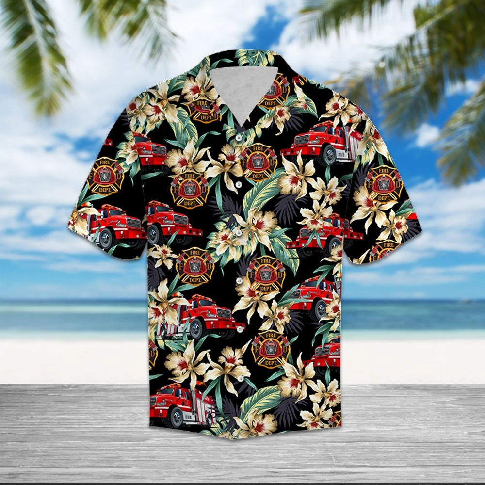 Firefighter Logo With Floral Outstanding Design Hawaiian Shirt,Hawaiian Shirt Gift, Christmas Gift